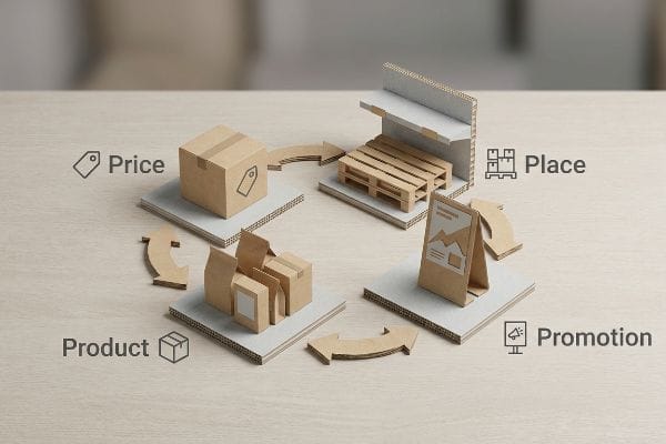 4 P's Merchandising Framework Cardboard models illustrate the 4 P's of merchandising: Price, Place, Product, and Promotion, connected by arrows on a light wood surface.
