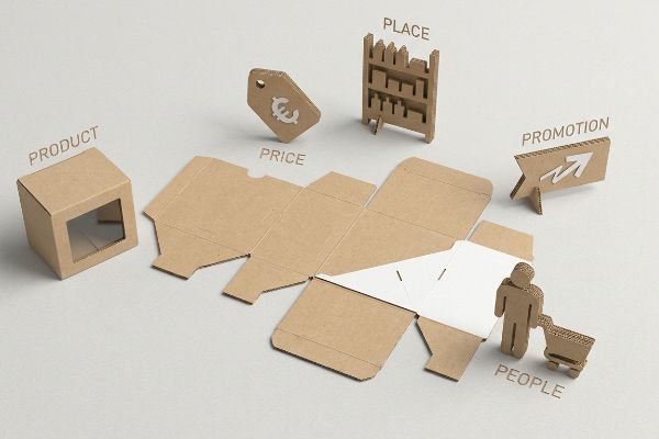 Kraft paper cutouts demonstrate the 5 P's of retail: Product, Price, Place, Promotion, and People, with a box dieline.