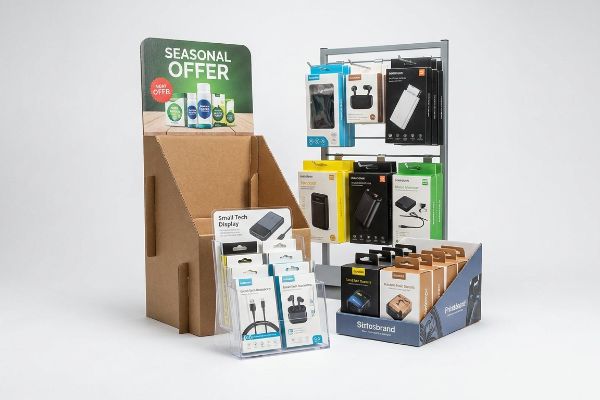A retail environment features a corrugated cardboard Seasonal Offer display, an acrylic Small Tech Display, and a metal grid rack with tech accessories.
