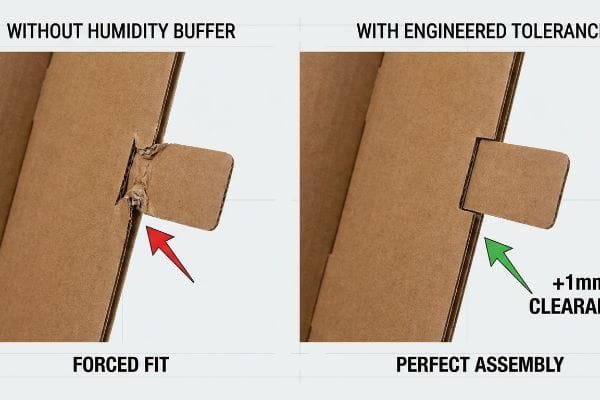 Vergleich von brauner Wellpappe: Zwangspassung ohne Feuchtigkeitspuffer vs. Perfekte Montage mit geplanter Toleranz und +1 mm Spielraum.