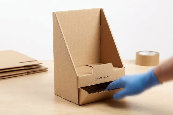 Brown corrugated cardboard display with an Auto-Erecting Base, being assembled by a gloved hand, demonstrating kinetic folding.