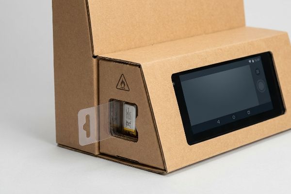 Brown corrugated cardboard display showcasing a smartphone screen and a lithium battery with a flammability warning symbol, secured by a clear pull-tab.