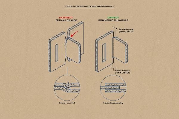 Cardboard structural engineering diagram illustrating incorrect zero allowance causing friction lock fail versus correct parametric allowance with +3mm offset for frictionless assembly.