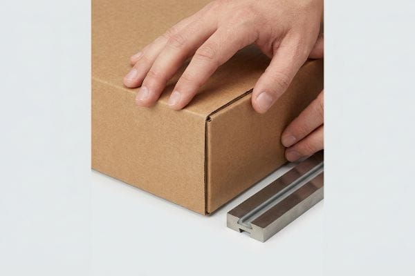Brown corrugated cardboard box being folded by hands, precisely guided by a metal creasing matrix tool for controlled fiber tension.