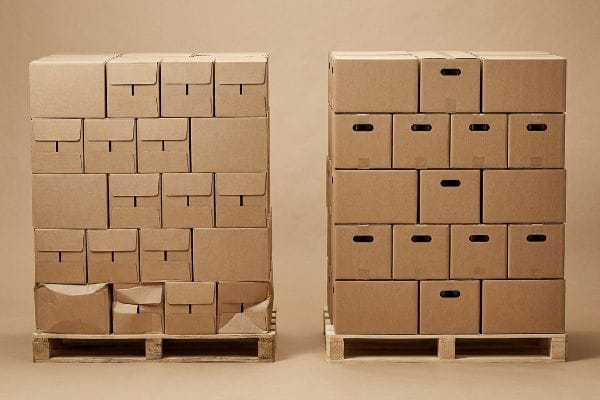 Brown cardboard boxes stacked on wooden pallets, showing two types: flap-closure and die-cut handle designs.