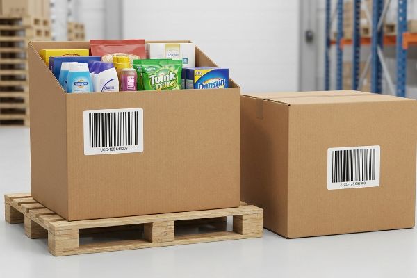Brown cardboard boxes with UCC-128 barcodes, one open with Twink Pure and Dansun products, on a wooden pallet for rapid-stocking logistics.