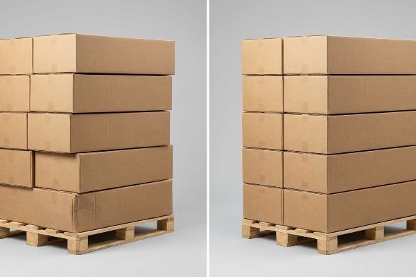 Brown cardboard master shipping cartons stacked on wooden logistics pallets, demonstrating proper vertical alignment for box compression strength.