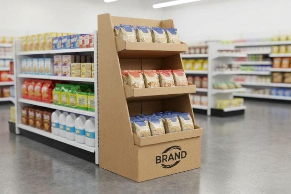 Corrugated cardboard display stand with Brand logo, featuring product pouches on three tiers in a retail aisle.