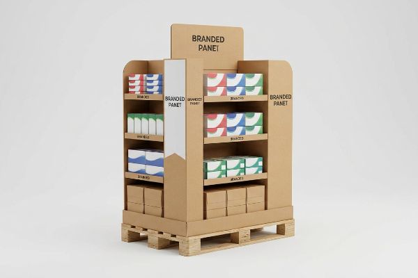 A brown cardboard retail pallet display, labeled 'Branded Panet', holds colorful product boxes on a wooden pallet.