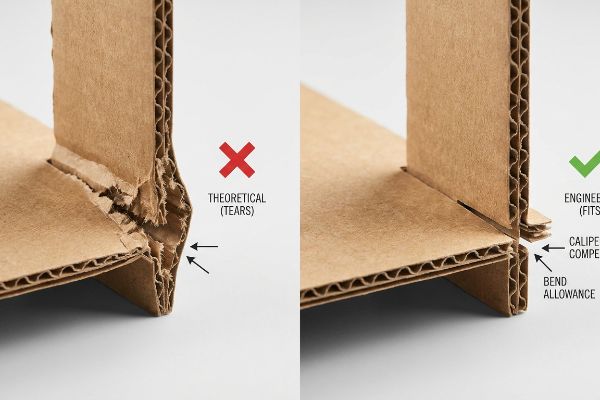 Corrugated cardboard shows Theoretical (Tears) versus Engineered (Fits) with Caliper Compensation and Bend Allowance for perfect packaging assembly.