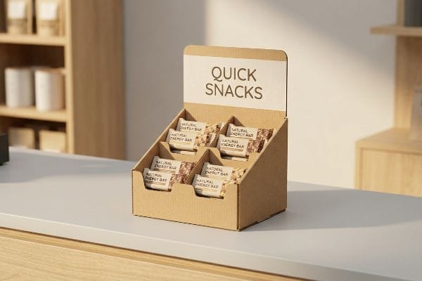 A retail countertop features a brown cardboard Countertop Display Unit (CDU) filled with 'Natural Energy Bar' quick snacks, positioned for impulse purchases.
