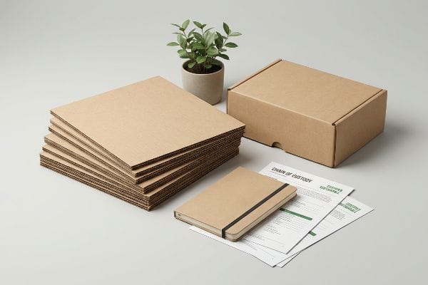 Stack of kraft corrugated cardboard sheets, an assembled box, and papers displaying "Chain Of Custody" for sustainable packaging.
