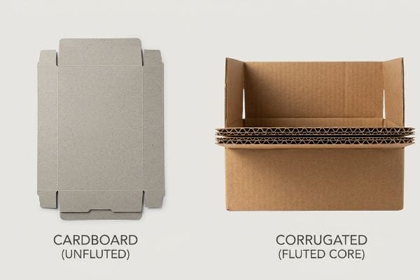 Cardboard vs Corrugated Box Grey Cardboard (Unfluted) flat sheet next to an open brown Corrugated (Fluted Core) box, illustrating structural differences.