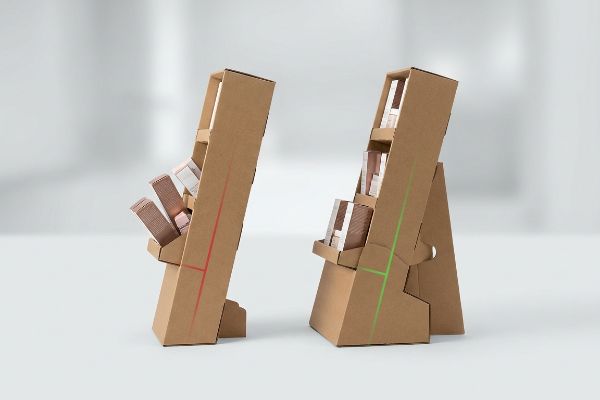 Zwei braune Thekenaufsteller aus Pappe, einer mit roten und einer mit grünen Strukturlinien, die stabile Verkaufsdisplays im Einzelhandel veranschaulichen.