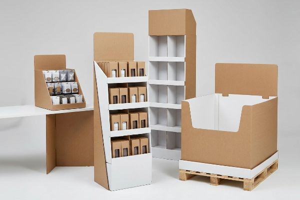 Brown and white cardboard retail displays: a countertop merchandiser, two floor stands, and a pallet unit on a wooden pallet.