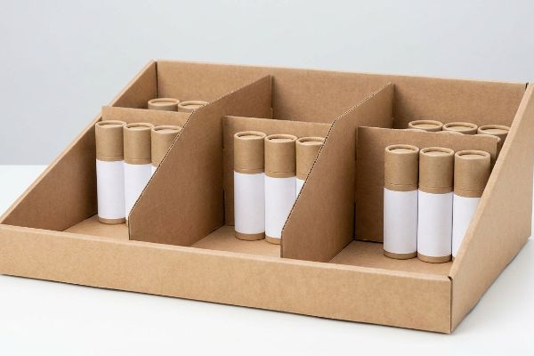 Brown corrugated cardboard countertop display featuring modular dividers and multiple cylindrical product tubes.