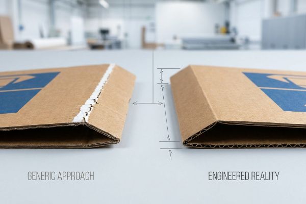 Brown corrugated cardboard folds comparing Generic Approach with frayed white edges to Engineered Reality with a pristine, sharp fold, highlighted by measurement lines.