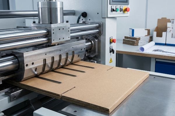 Corrugated cardboard sheet being precisely creased by a die-cutting machine, demonstrating packaging structural engineering.