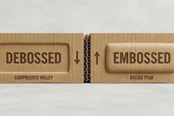 Corrugated cardboard illustrating Debossed text as a Compressed Valley with a downward arrow, contrasted with Embossed text as a Raised Peak with an upward arrow.