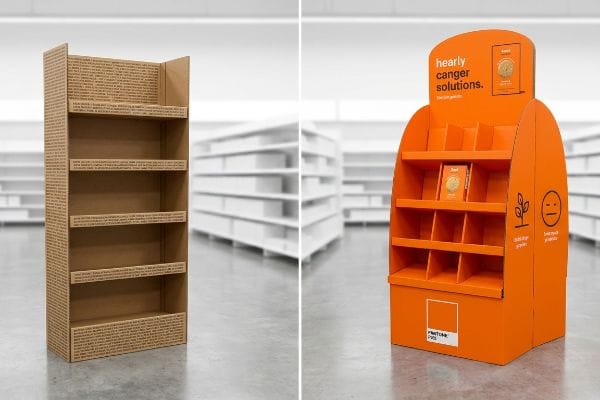 Ein braunes Wellpapp-Endkappendisplay mit vier leeren Regalböden und dichtem Marketingtext auf den Seitenwänden veranschaulicht einen häufigen Fehler im Warenmanagement.