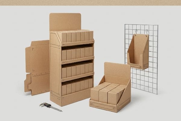 Displays de ponto de venda em papel kraft, incluindo um display de chão, uma unidade de balcão e um display suspenso, com gabarito de corte e paquímetro digital desmontados.