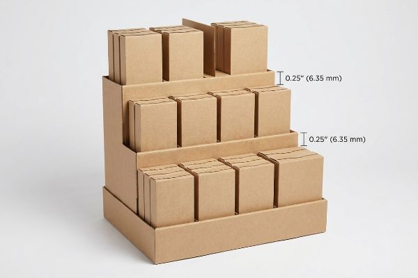 Brown corrugated cardboard tiered display with small product boxes, showing 0.25-inch (6.35 mm) clearance for retail restocking.