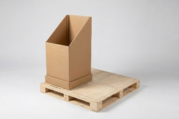 Brown corrugated cardboard POP-up display box on a wooden quarter-pallet with 24 Inches By 20 Inches fractional markings.