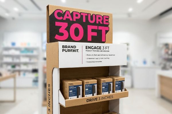Cardboard retail display illustrating the 3 3 3 sales rule, featuring 'Capture 30 Ft', 'Engage 3 Ft', and 'Drive 3 Inches' sections with Purehit products.