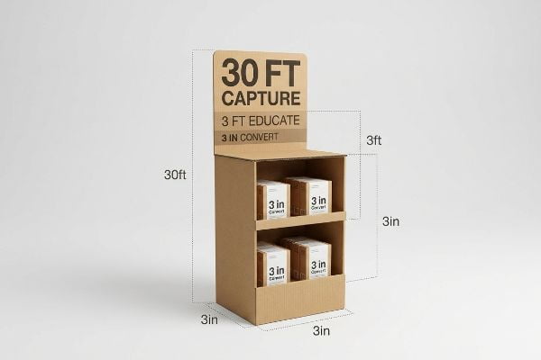 A corrugated cardboard product display stand, featuring 