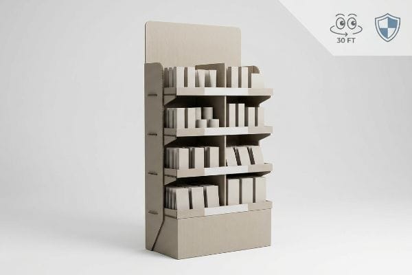 Beige cardboard retail display stand with unbranded boxes, featuring a '30 FT' eye icon and shield icon for effective display.