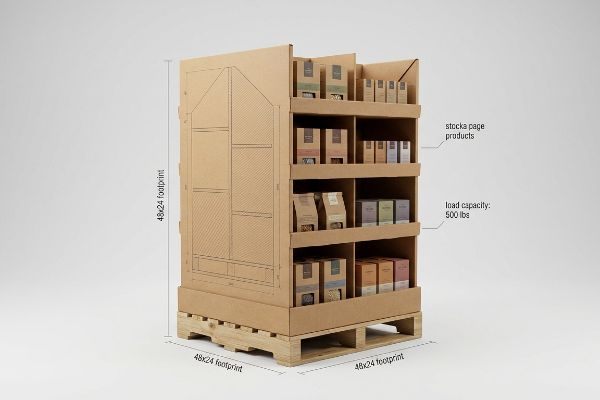 A sturdy cardboard quarter-pallet display on a wooden pallet, detailing its 48x24 Footprint, Stocka Page Products, and 500 Lbs Load Capacity.