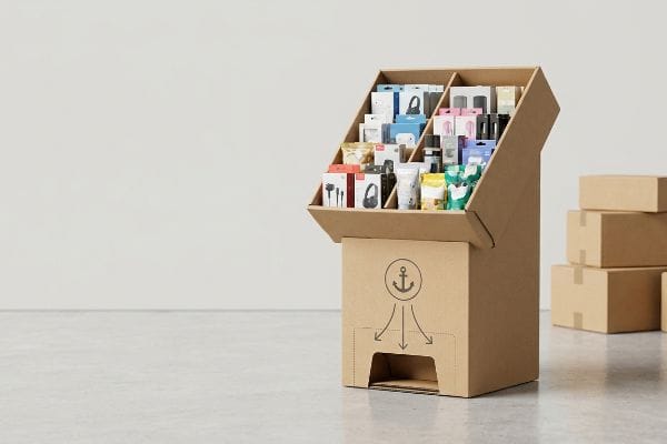 Présentoir PLV quart de palette en carton ondulé brun avec logo d'ancre, pouvant contenir divers petits produits emballés, conçu pour une stabilité optimale dans les boutiques éphémères.