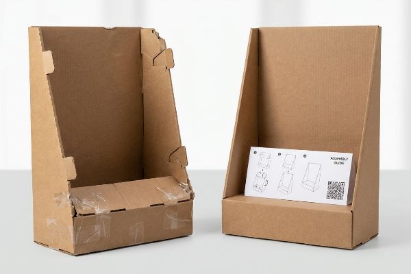 Corrugated cardboard flat-pack display boxes, one taped and torn, the other with a clear Assembly Guide and QR code.
