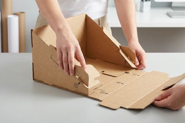 Hands assemble a brown corrugated cardboard display, folding pre-scored panels with visible assembly steps 1 and 2 on a light gray table.