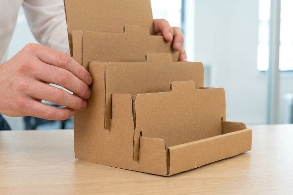 أيادٍ تقوم بتجميع حامل عرض من الورق المقوى البني اللون مزود بألسنة متشابكة، لعرض سهولة إعداد عبوات البيع بالتجزئة.