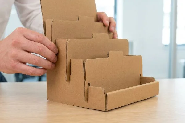 Hands assembling a brown cardboard display stand with interlocking tabs, showcasing easy retail packaging setup.