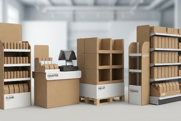 Kraft paper retail displays including Floor, Counter, Pallet, and Sidekick units, demonstrating diverse merchandising solutions.