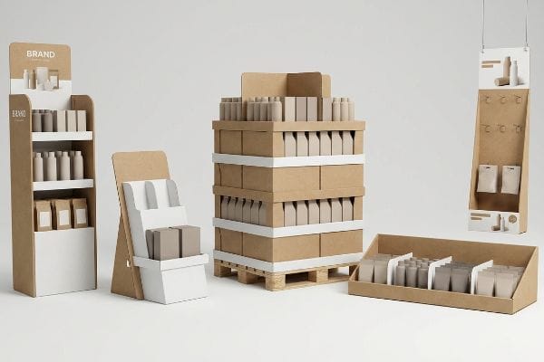 Kraft and white cardboard retail displays, featuring a floor merchandiser, pallet build, countertop unit, and hanging sidekick for various products.