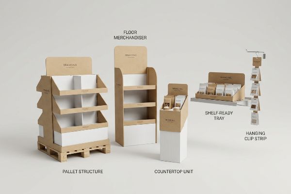 Kraft cardboard retail displays: Pallet Structure, Floor Merchandiser, Countertop Unit, Shelf-Ready Tray, Hanging Clip Strip, 'Branding'.