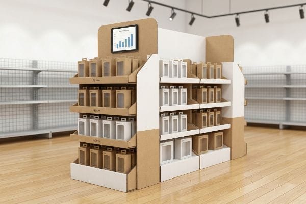 A retail display stand in a store aisle, featuring kraft and white product boxes, with a digital tablet showing a bar chart, optimizing impulse item merchandising.