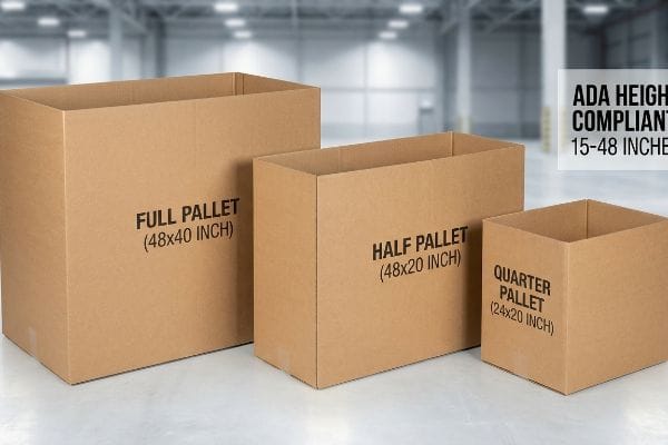 Three empty cardboard display bins: Full Pallet (48x40 Inch), Half Pallet (48x20 Inch), and Quarter Pallet (24x20 Inch), highlighting ADA height compliance (15-48 inches).