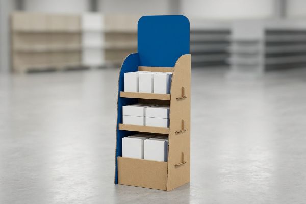 Brown corrugated cardboard point-of-purchase merchandiser with three shelves holding white boxes and a prominent blue back panel.