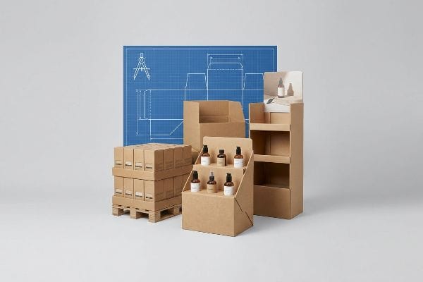 Emballage de présentation de produits de détail Divers emballages de présentation pour la vente au détail, notamment un présentoir sur palette en carton, des présentoirs de sol et un plateau de comptoir avec des flacons compte-gouttes ambrés, sur fond de motif de plan d'architecte.