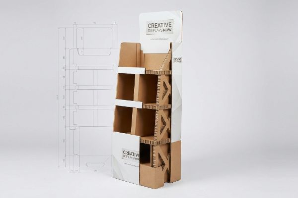 A custom corrugated cardboard retail display with 'Creative Displays Now' branding, featuring multiple shelves and an accompanying structural blueprint.