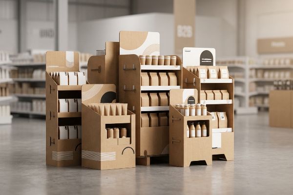 A collection of custom corrugated retail display units, made from cardboard, presenting products in brown bags and bottles with minimalist graphics in a B2B setting.