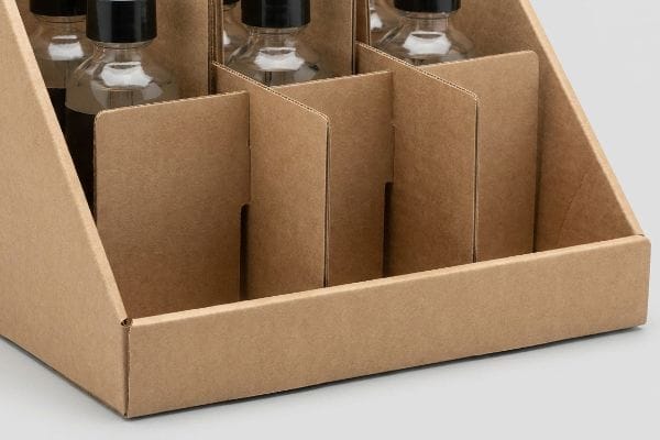 Brown corrugated cardboard display box with modular dividers creating physical clearance for glass bottles with black caps, preventing paperboard tearing.