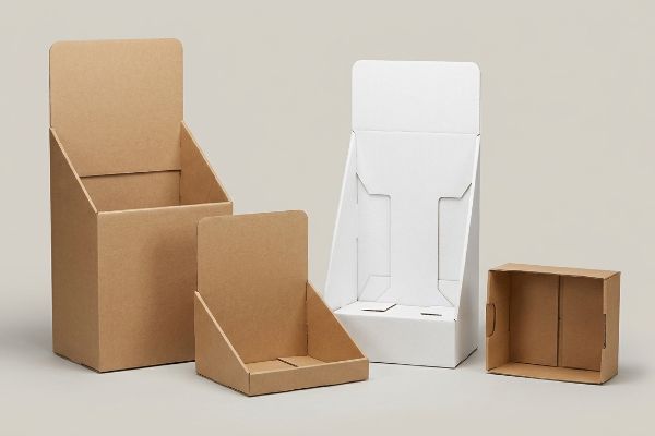 Various retail display boxes, including brown kraft and white cardboard countertop and floor models, are arranged on a light background.
