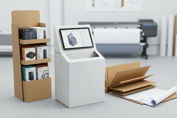 Packaging design studio with tablet displaying 3D CAD mockup for white POP display, brown cardboard merchandiser, flat-packed materials, and blueprint.