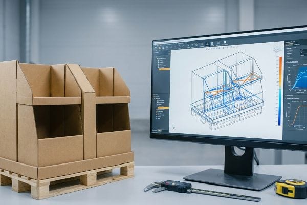 Validating cardboard pallet display designs using 3D CAD software, a physical prototype, digital caliper, and tape measure.