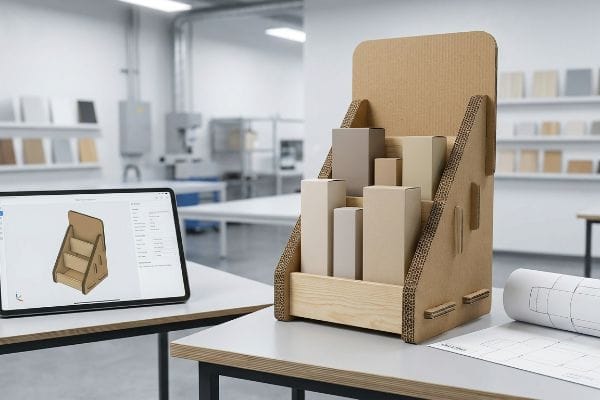 Uma oficina de design apresenta um expositor de papelão ondulado para venda a varejo com caixas de produtos, um tablet exibindo seu projeto CAD e uma planta enrolada.